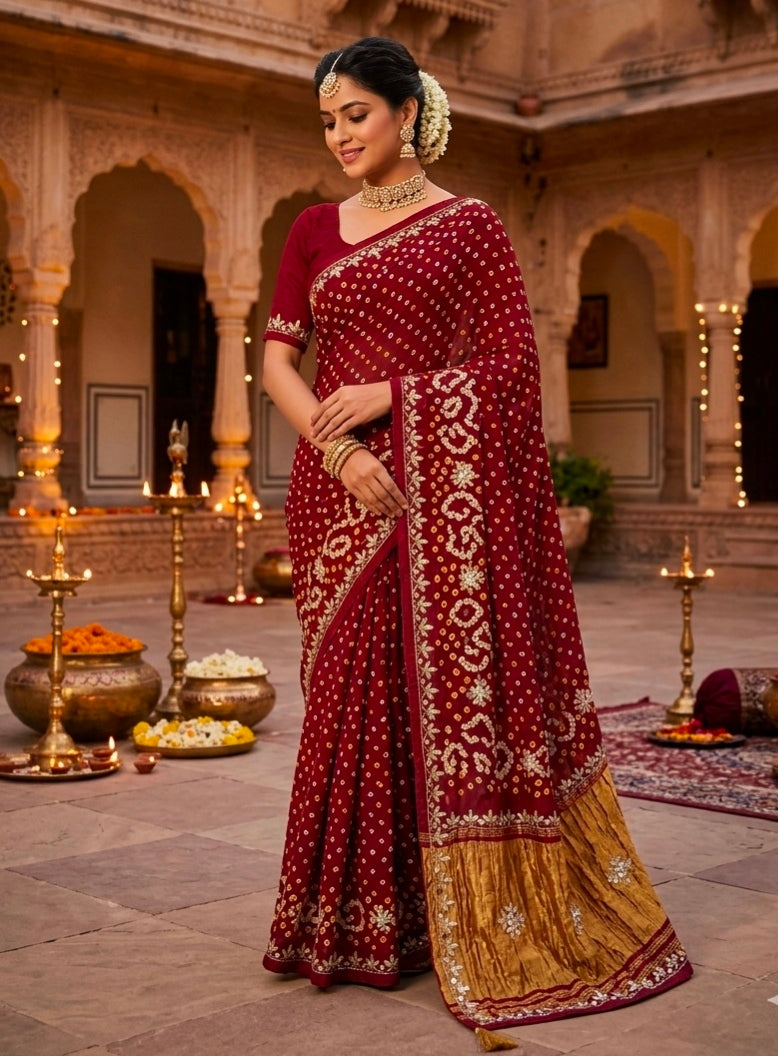 Maroon Pure Gaji Silk Bandhani With Gota Pati Lagdi Patta Bandhani Saree