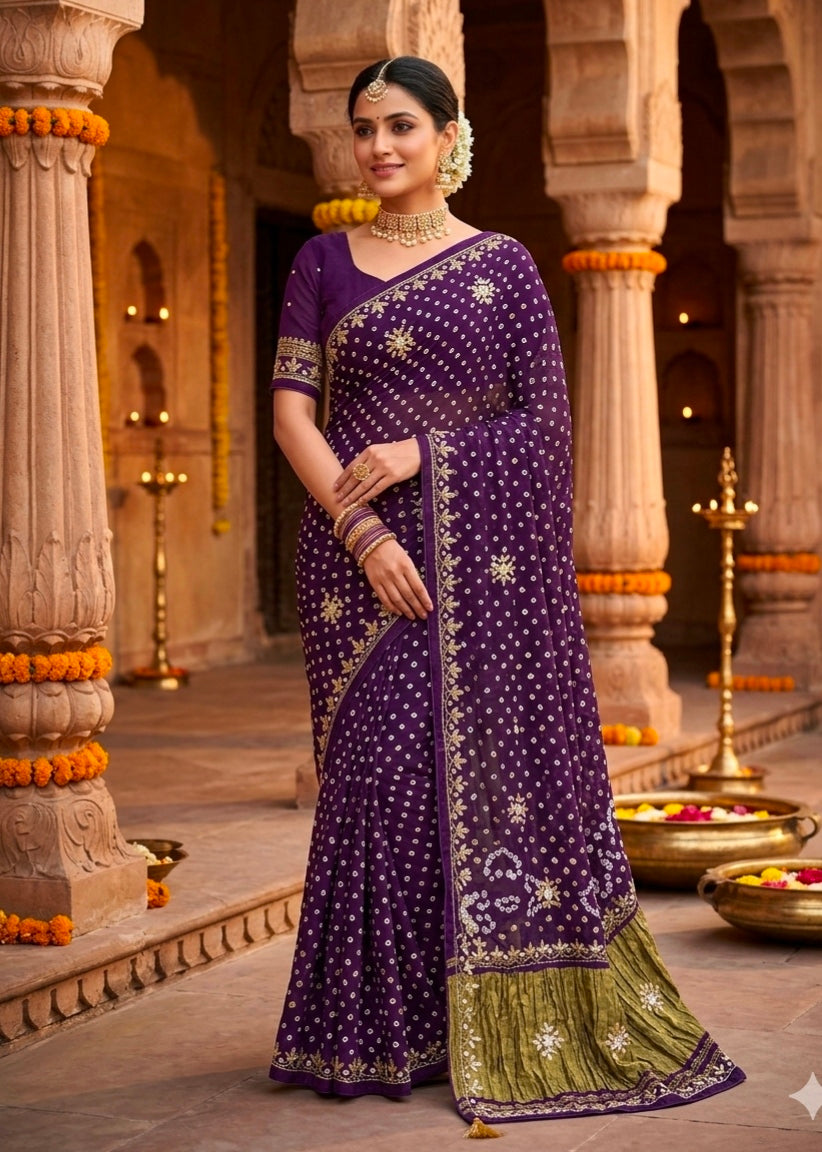 Purple Pure Gaji Silk Bandhani With Gota Pati Lagdi Patta Bandhani Saree