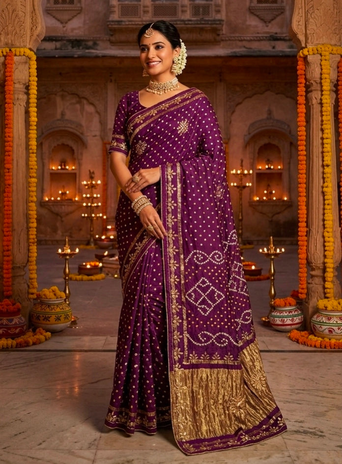 Purple Pure Gaji Silk Bandhani With Gota Pati Lagdi Patta Bandhani Saree