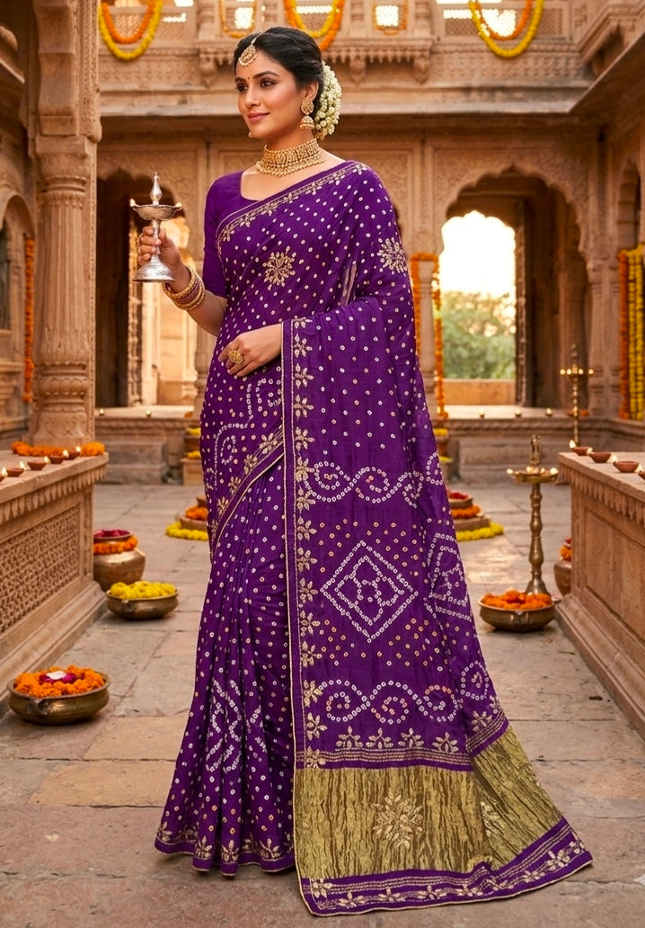 Purple Pure Gaji Silk Bandhani With Gota Pati Lagdi Patta Bandhani Saree