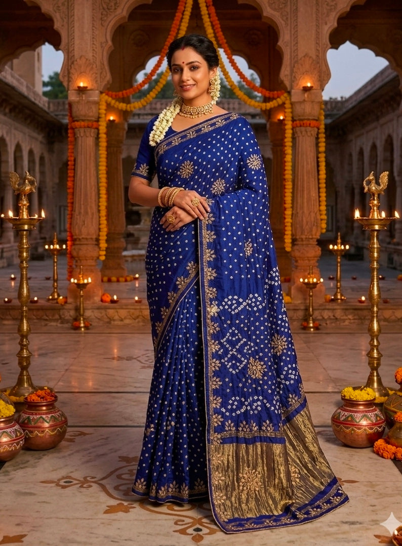 Blue Pure Gaji Silk Bandhani With Gota Pati Lagdi Patta Bandhani Saree