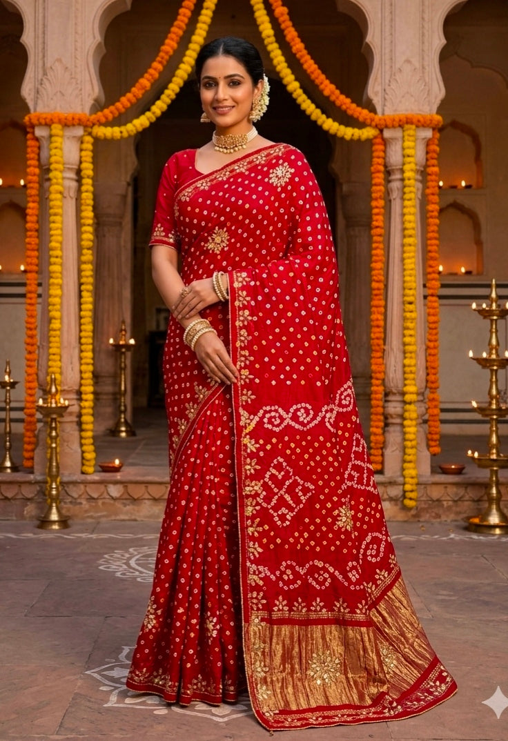 Red Pure Gaji Silk Bandhani With Gota Pati Lagdi Patta Bandhani Saree
