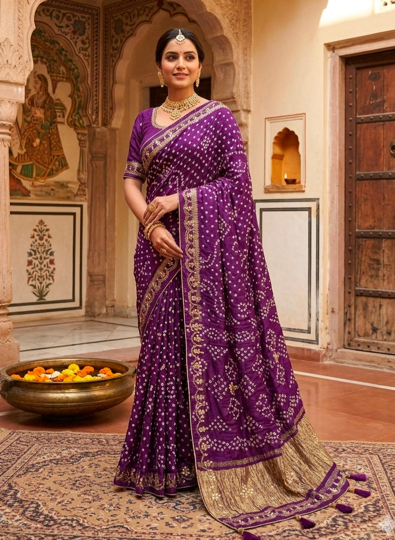 Purple Pure Gaji Silk Bandhani With Gota Pati Lagdi Patta Bandhani Saree