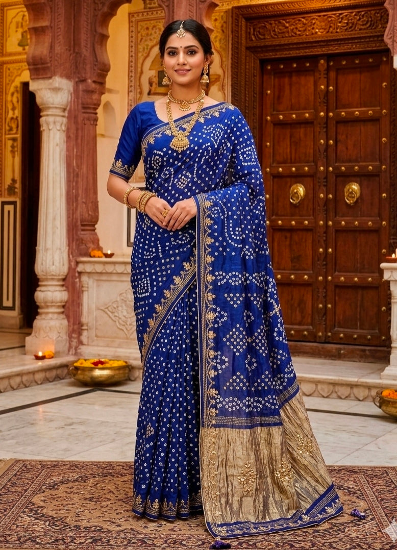 Blue Pure Gaji Silk Bandhani With Gota Pati Lagdi Patta Bandhani Saree