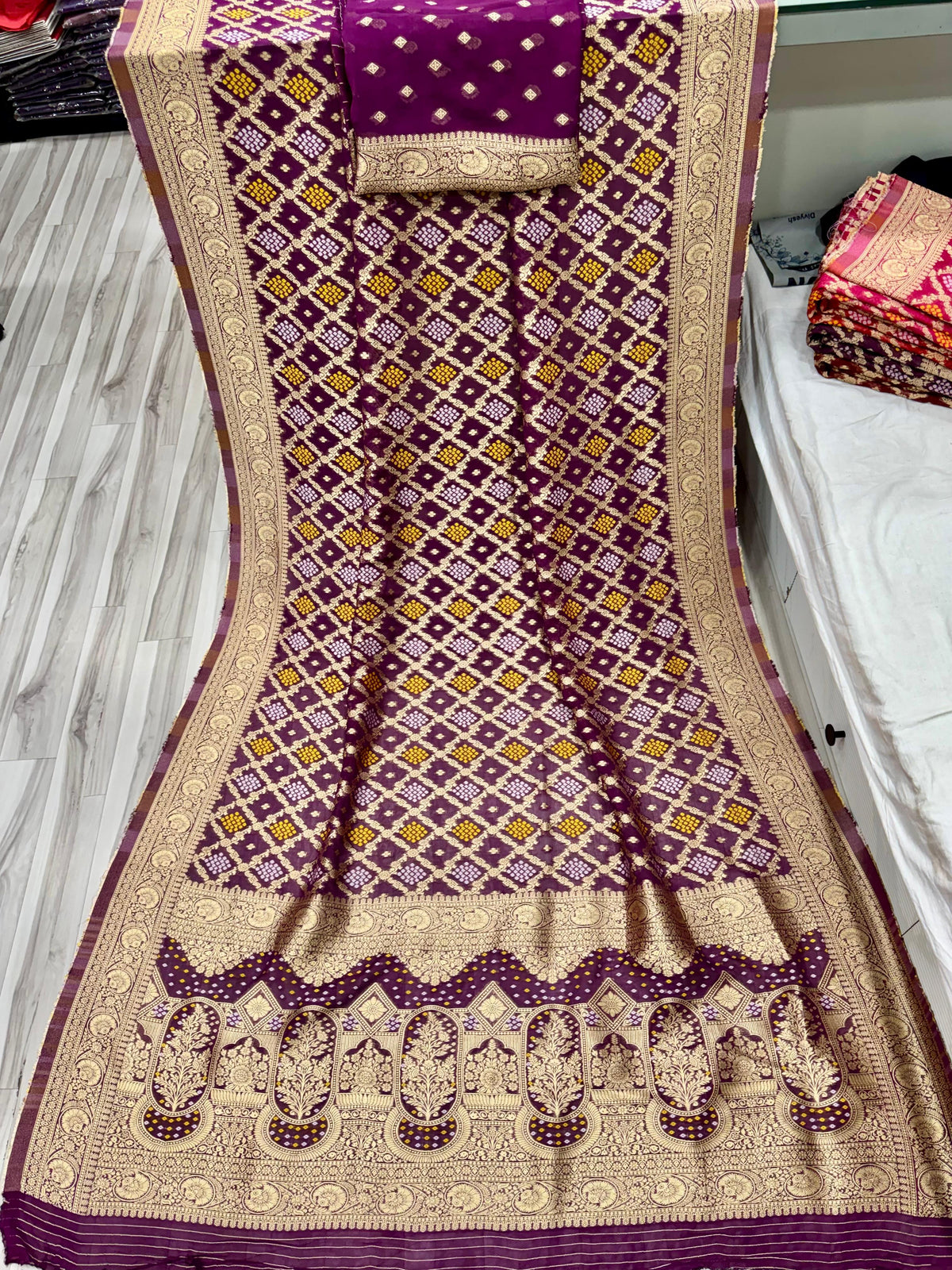 Purple Pure Khadi Georgatte Weaving Bandhani Saree