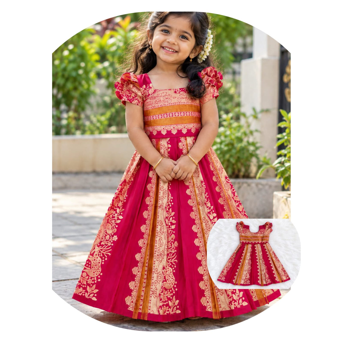 Red Pure Paithani Silk Kalamkari & Peacock Weaving kid&