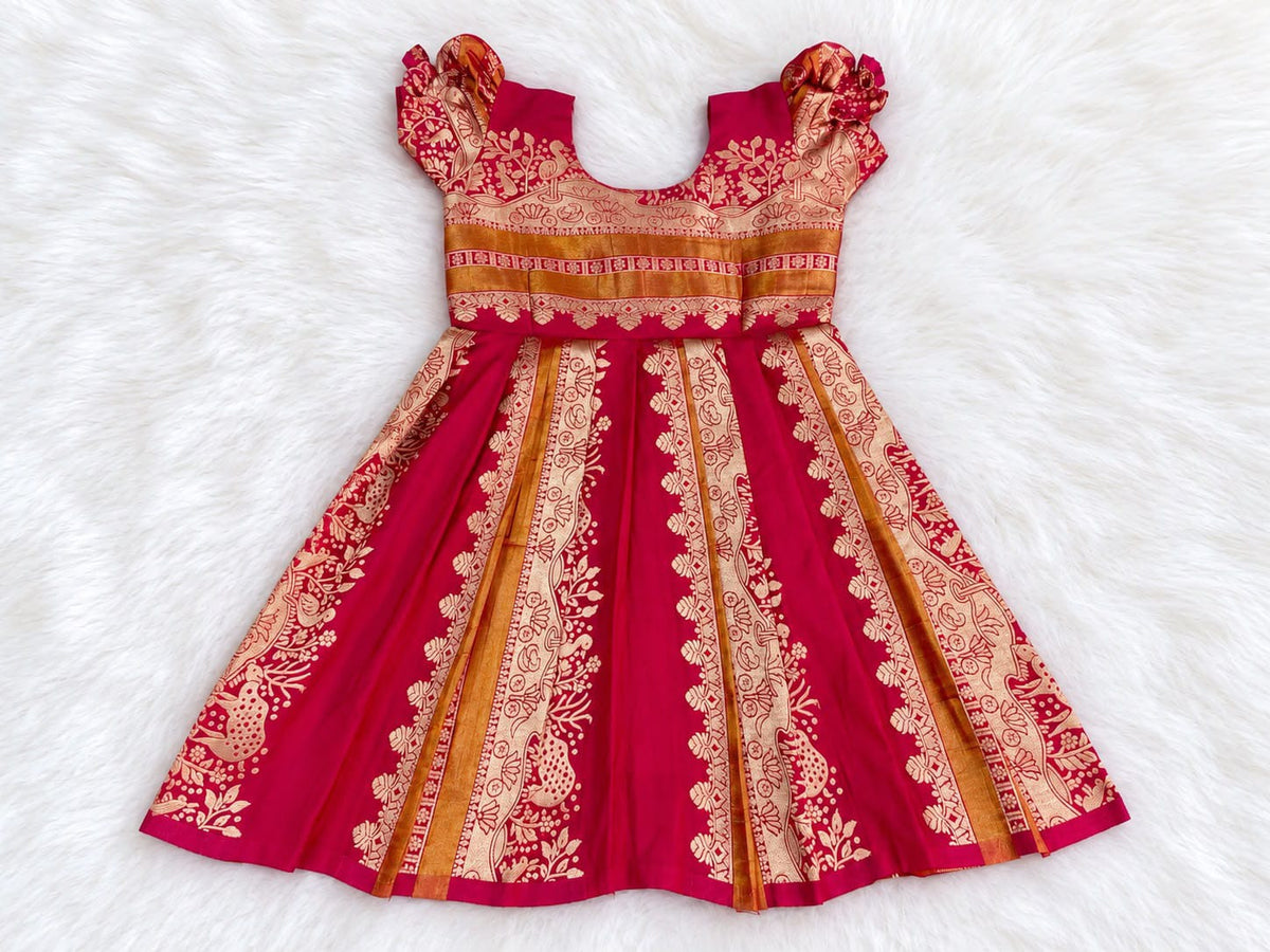 Red Pure Paithani Silk Kalamkari & Peacock Weaving kid&