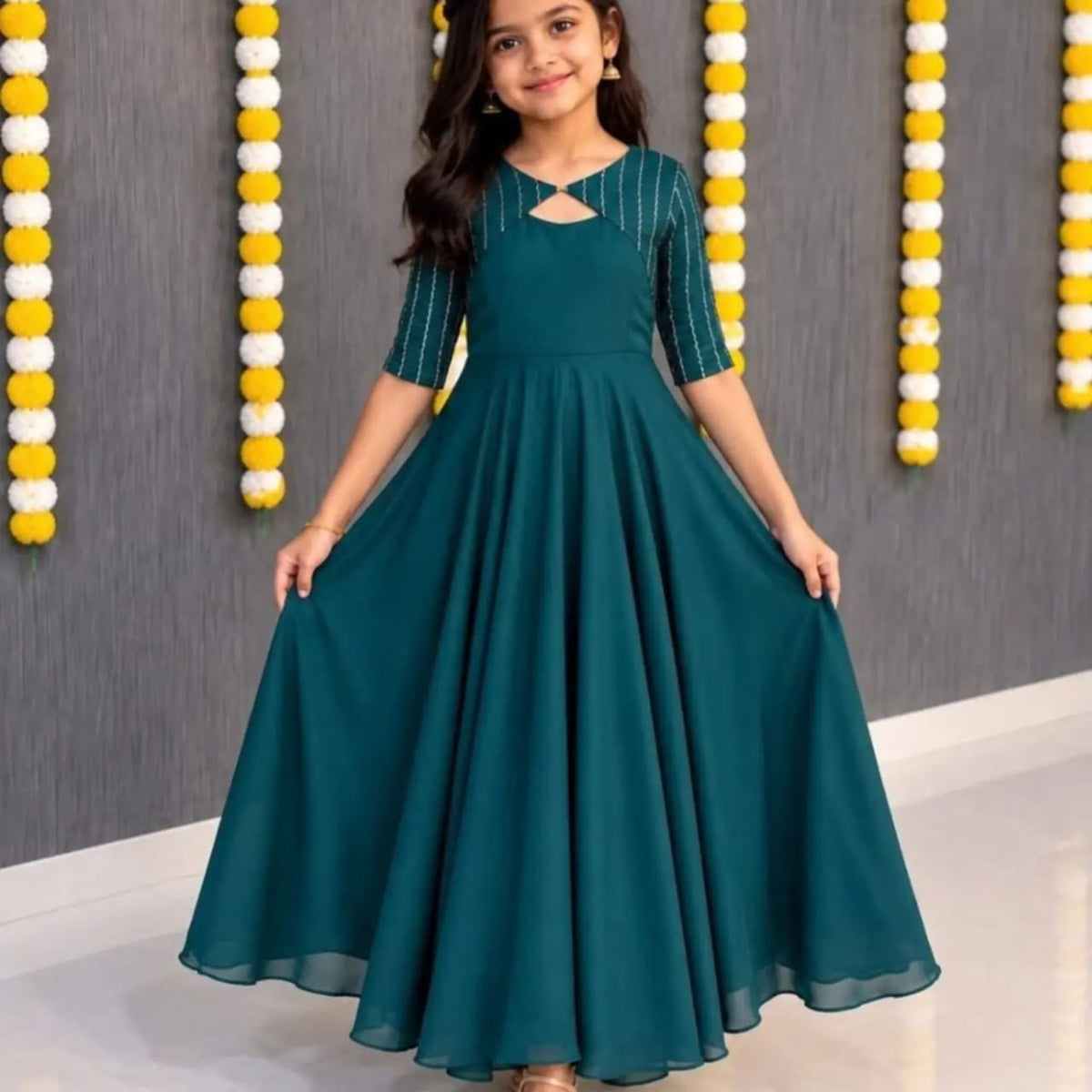 Green Pure Soft Rangoli Crush Silk Sequence Bids Work kid&