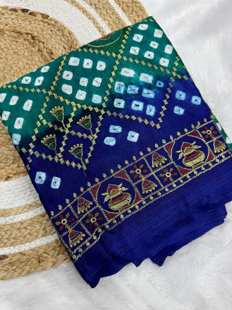 Green Pure Gaji Silk Original Bandhani With Gota Embroidery Work Bandhej Saree
