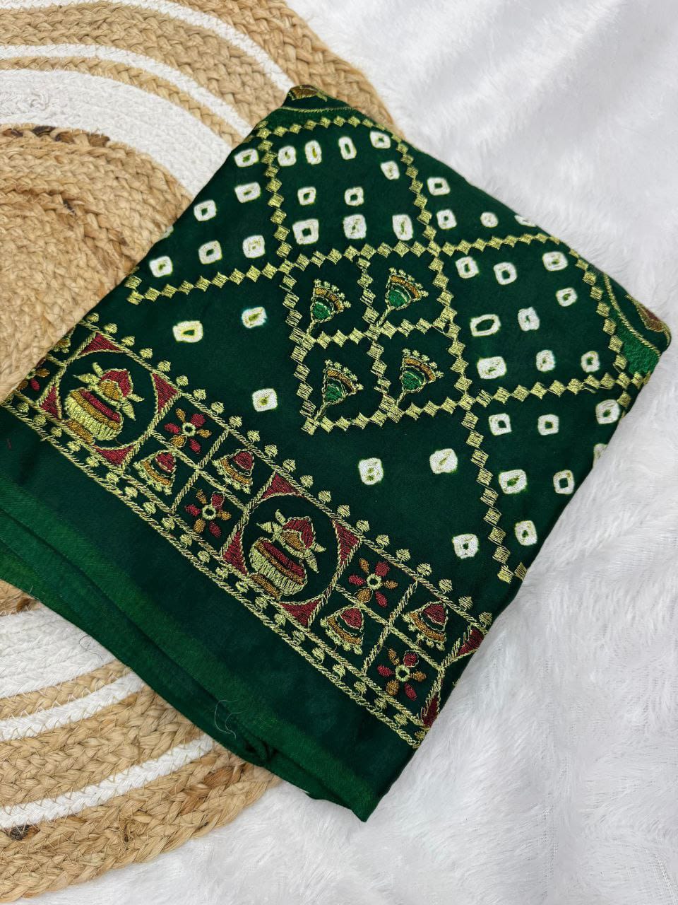 Green Pure Gaji Silk Original Bandhani With Gota Embroidery Work Bandhej Saree