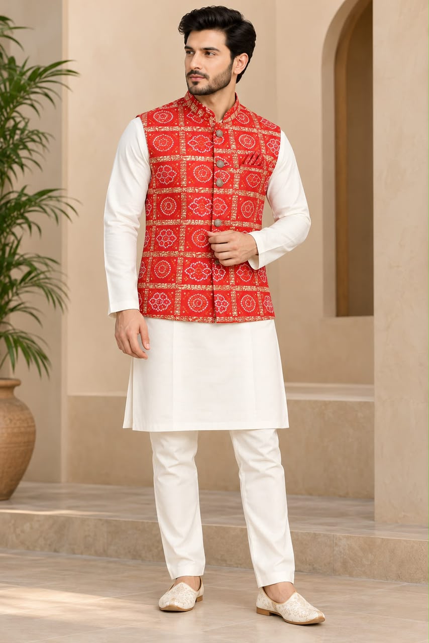 White Pure Malai Satin Kurta Pajama With Koti Jacket