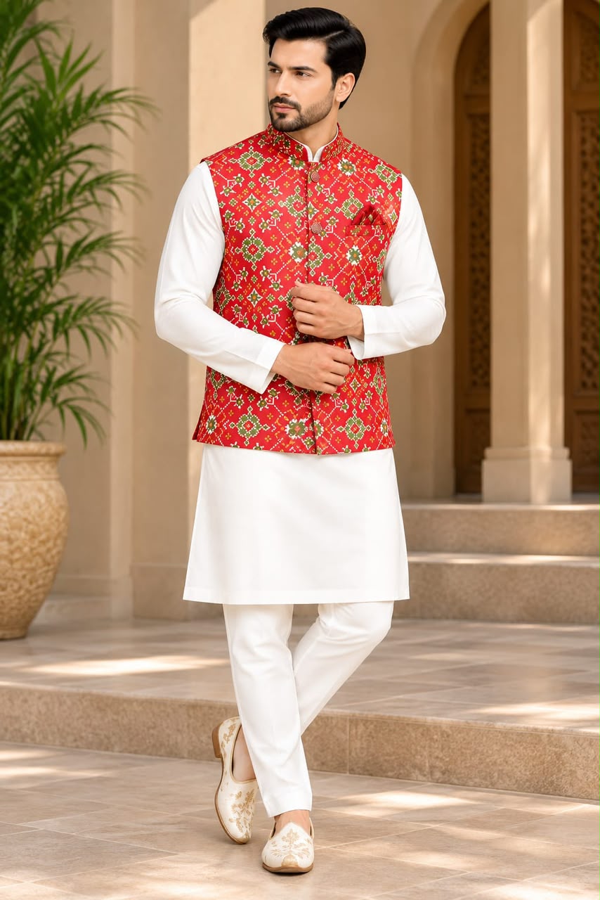 White Pure Malai Satin Kurta Pajama With Koti Jacket