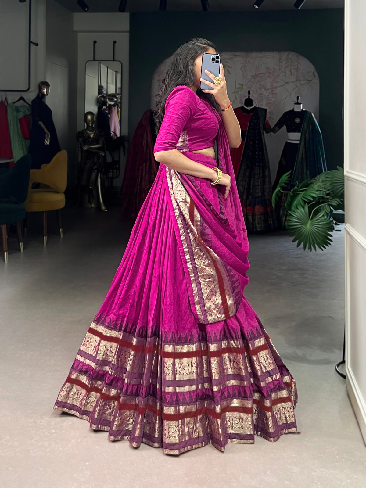 Pink Pure Chanderi Plain with Zari Weaving Work Chaniya Choli