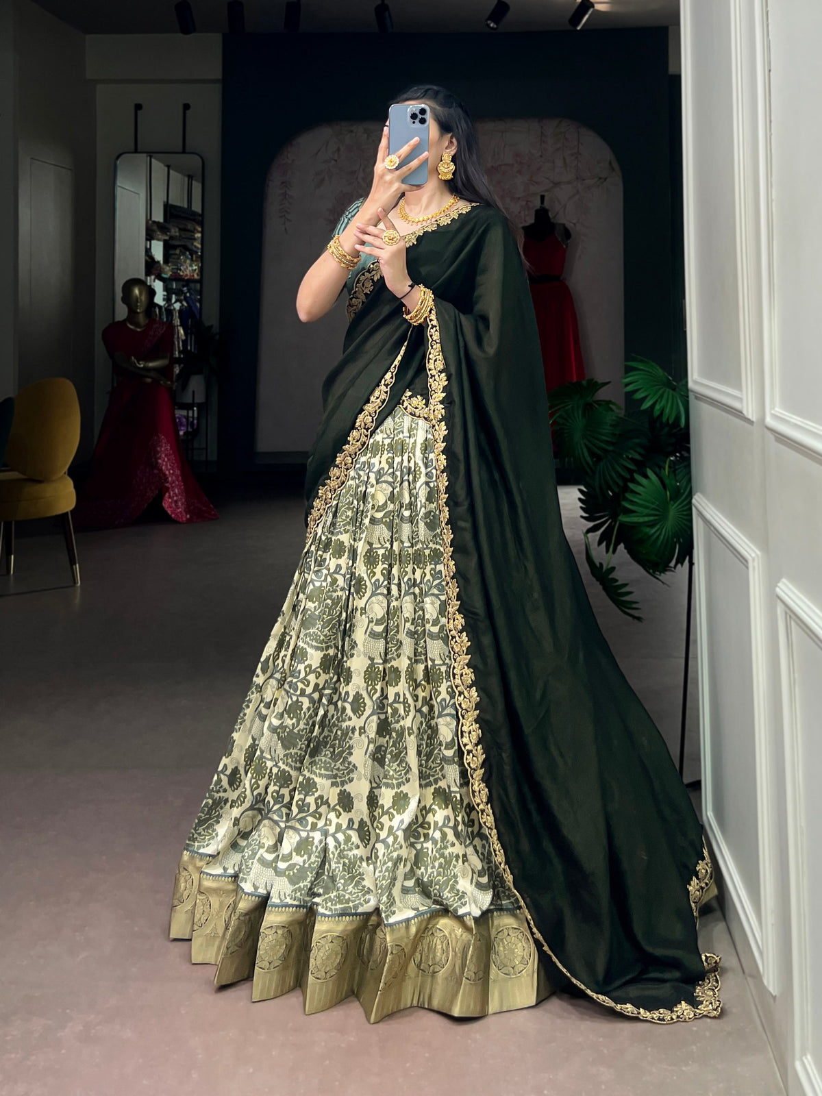 Mehndi Pure Tasar Silk Beautiful Prints and a Rich Viscose Border Work Chaniya Choli