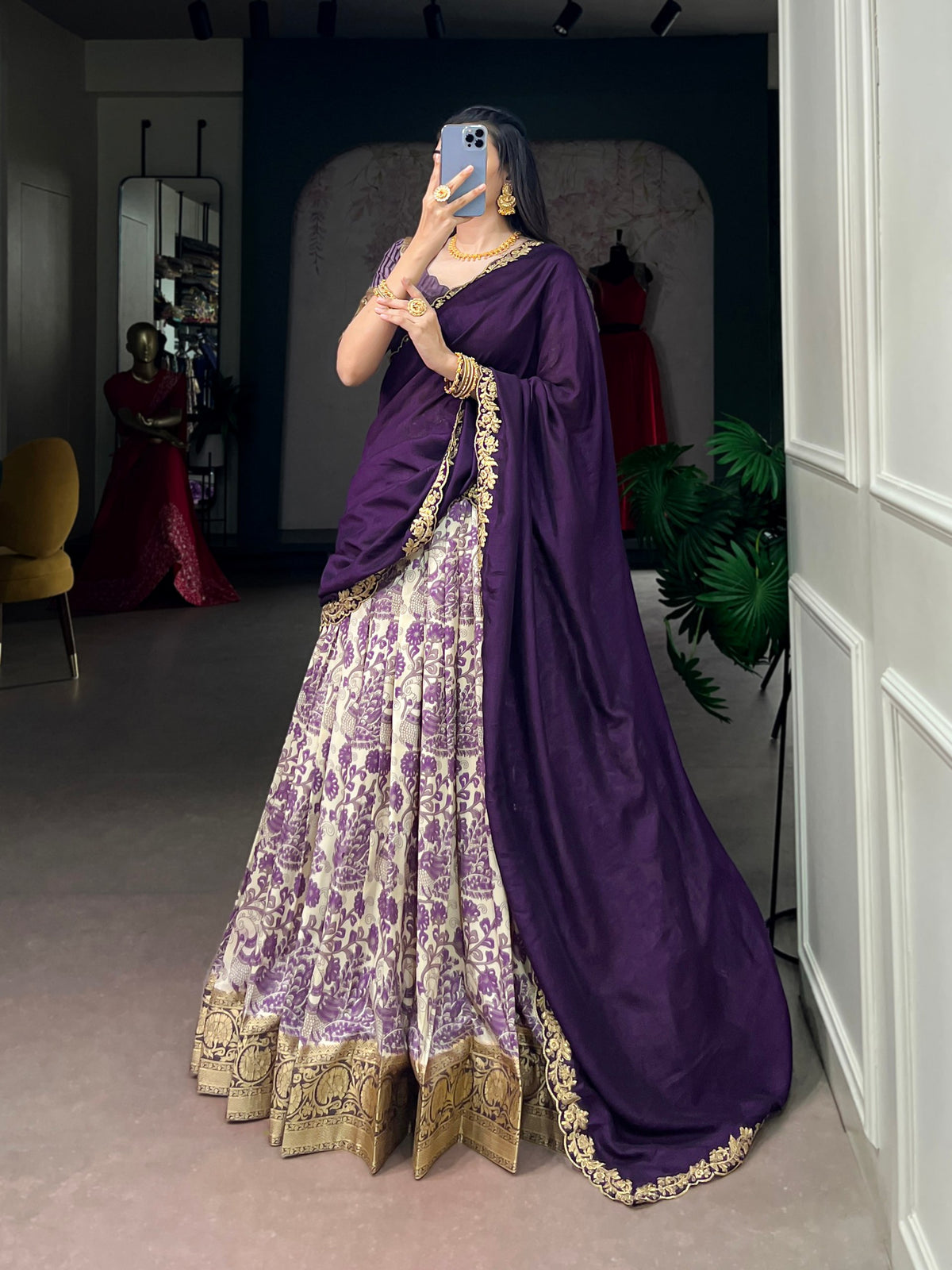 Purple Pure Tasar Silk Beautiful Prints and a Rich Viscose Border Work Chaniya Choli