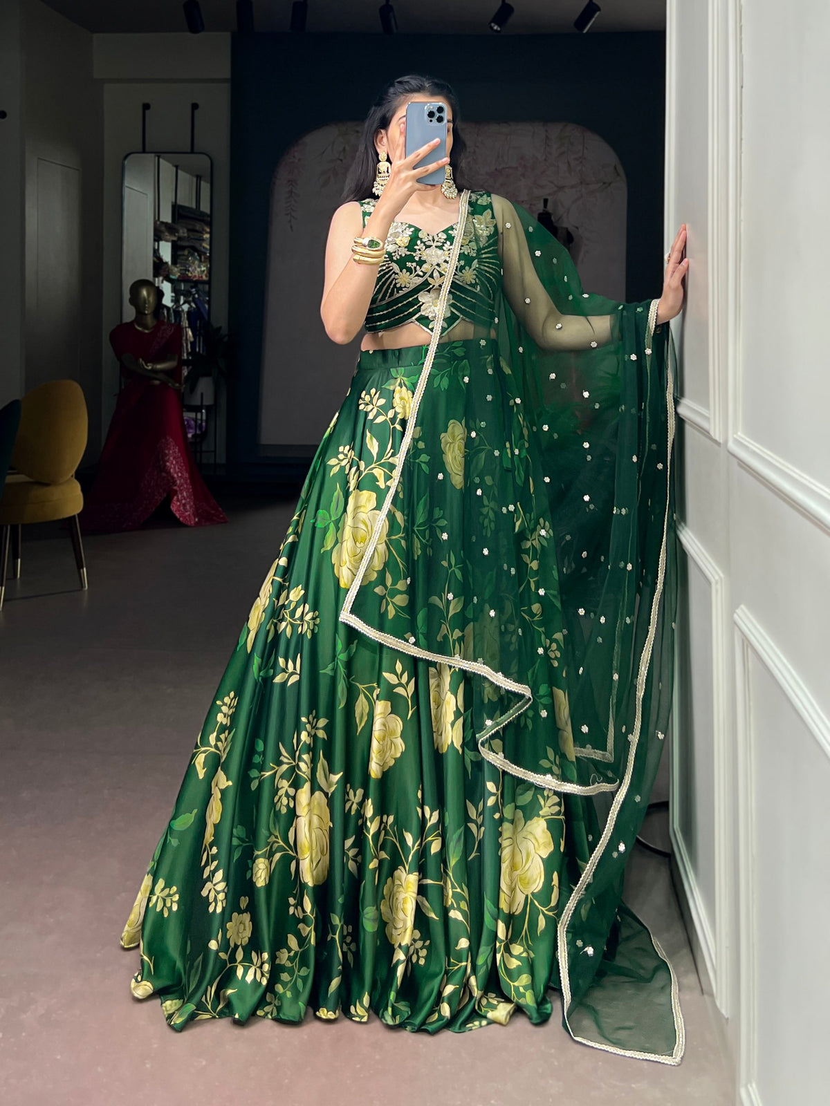 Green Pure Satin Silk Floral Prints Chaniya Choli