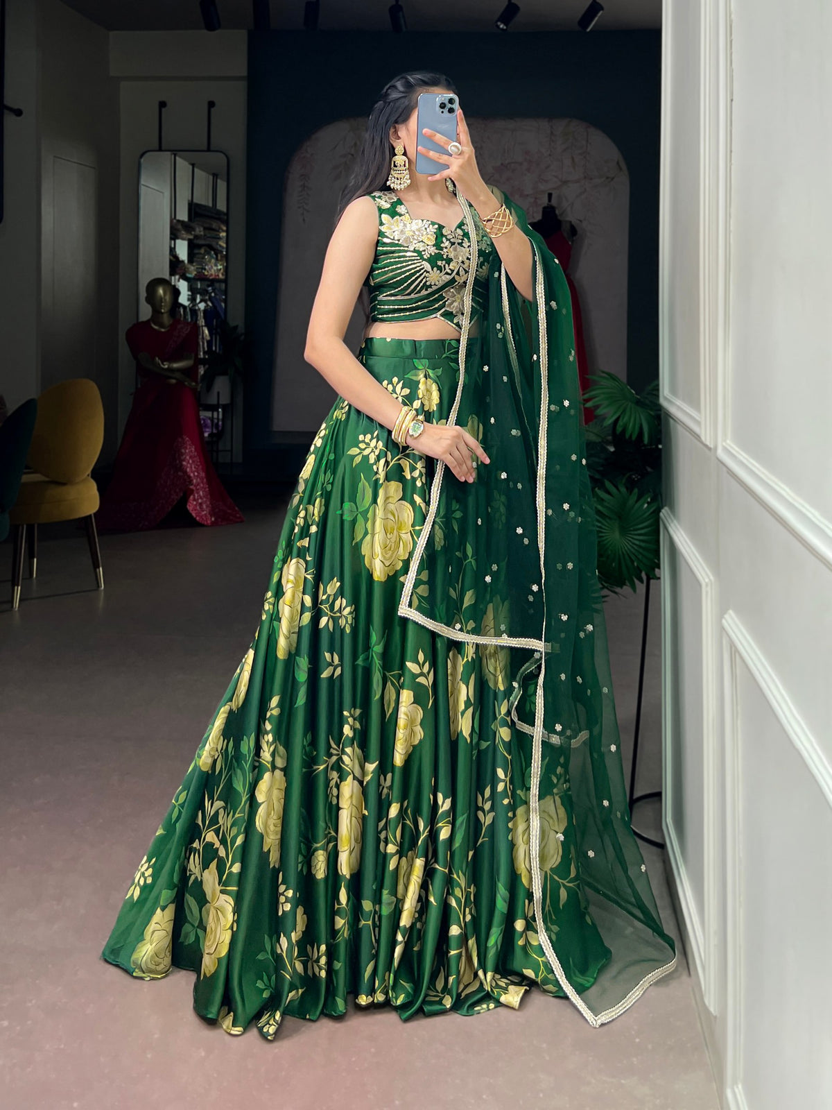 Green Pure Satin Silk Floral Prints Chaniya Choli
