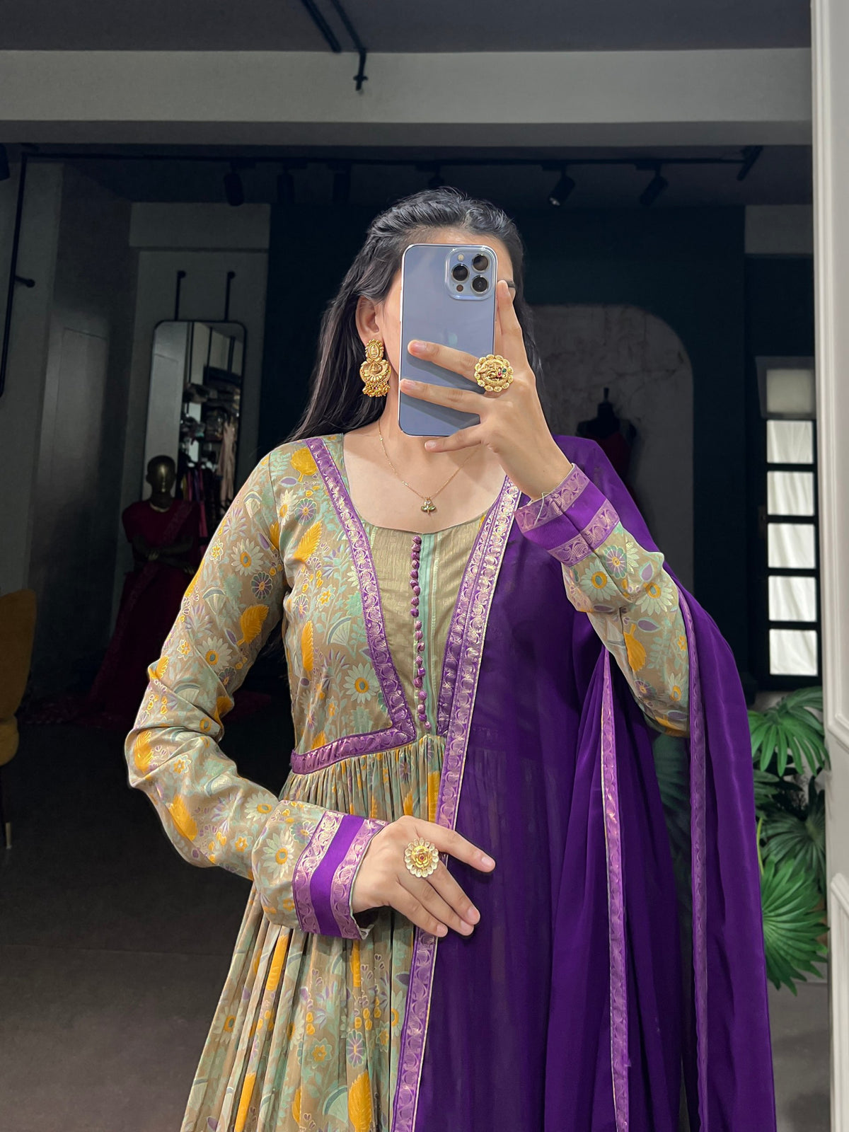 Purple Pure Tasar Silk Floral Print & Elegant Foil Work Anarkali Suit
