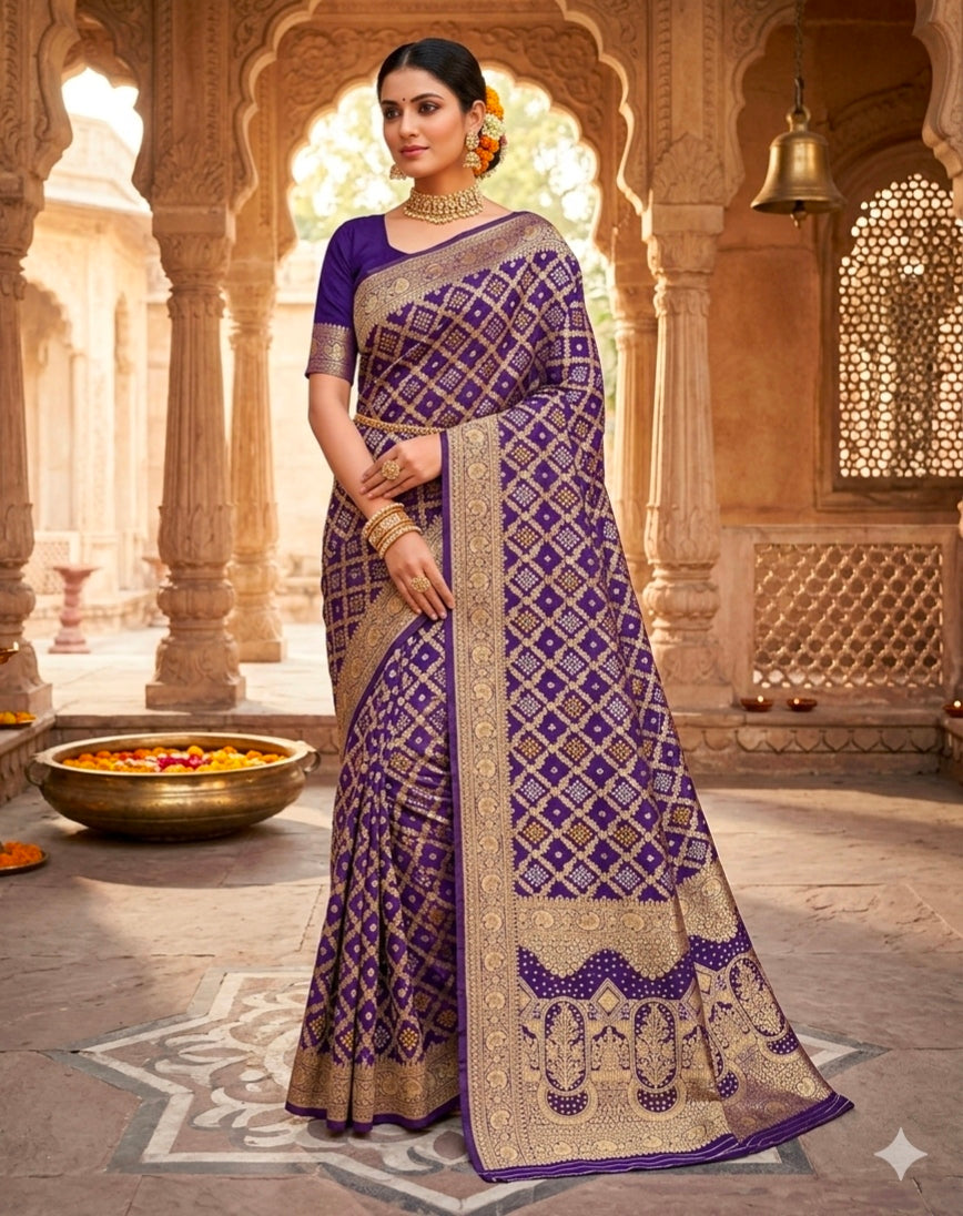 Purple Pure Khadi Georgatte Weaving Bandhani Saree
