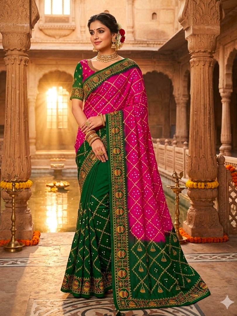 Pink Pure Gaji Silk Original Bandhani With Gota Embroidery Work Bandhej Saree
