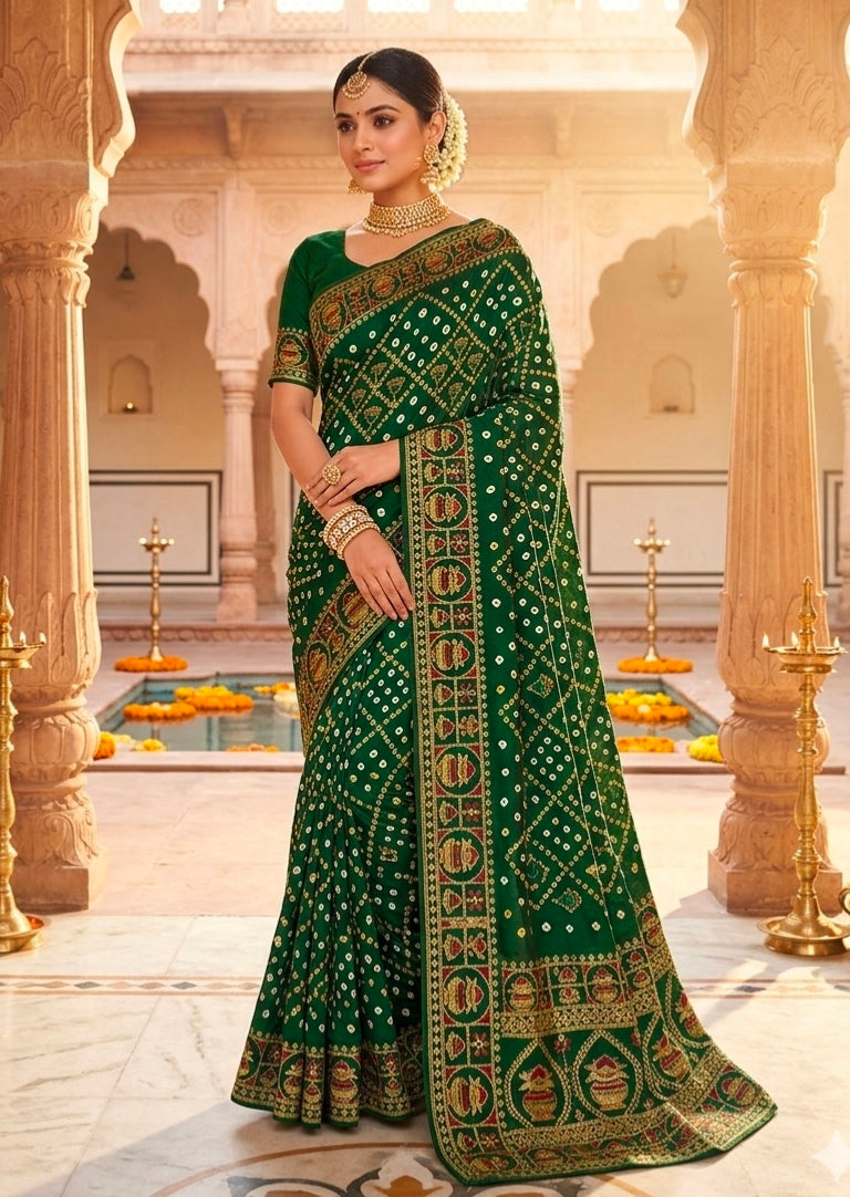 Green Pure Gaji Silk Original Bandhani With Gota Embroidery Work Bandhej Saree