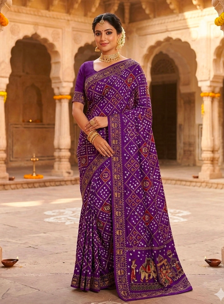 Purple Pure Gaji Silk Original Bandhani With Gota Embroidery Work Bandhej Saree