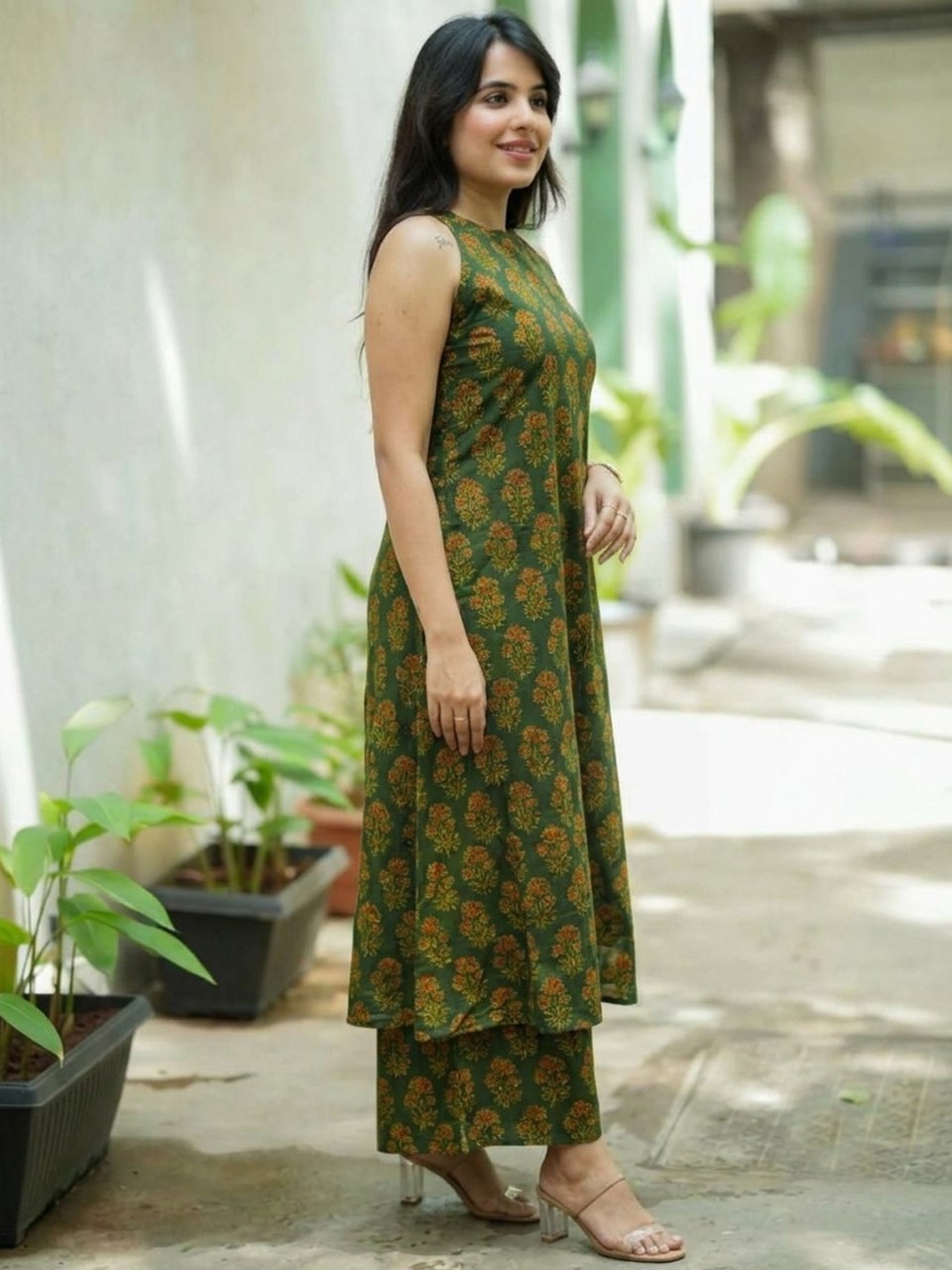 Green Pure Soft Rayon Printed Kurti Pant Dupatta Set