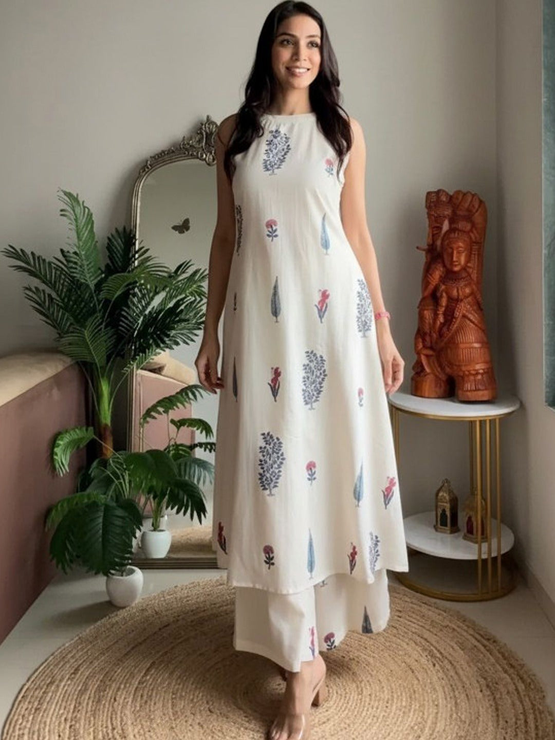 White Pure Soft Rayon Printed Kurti Pant Dupatta Set