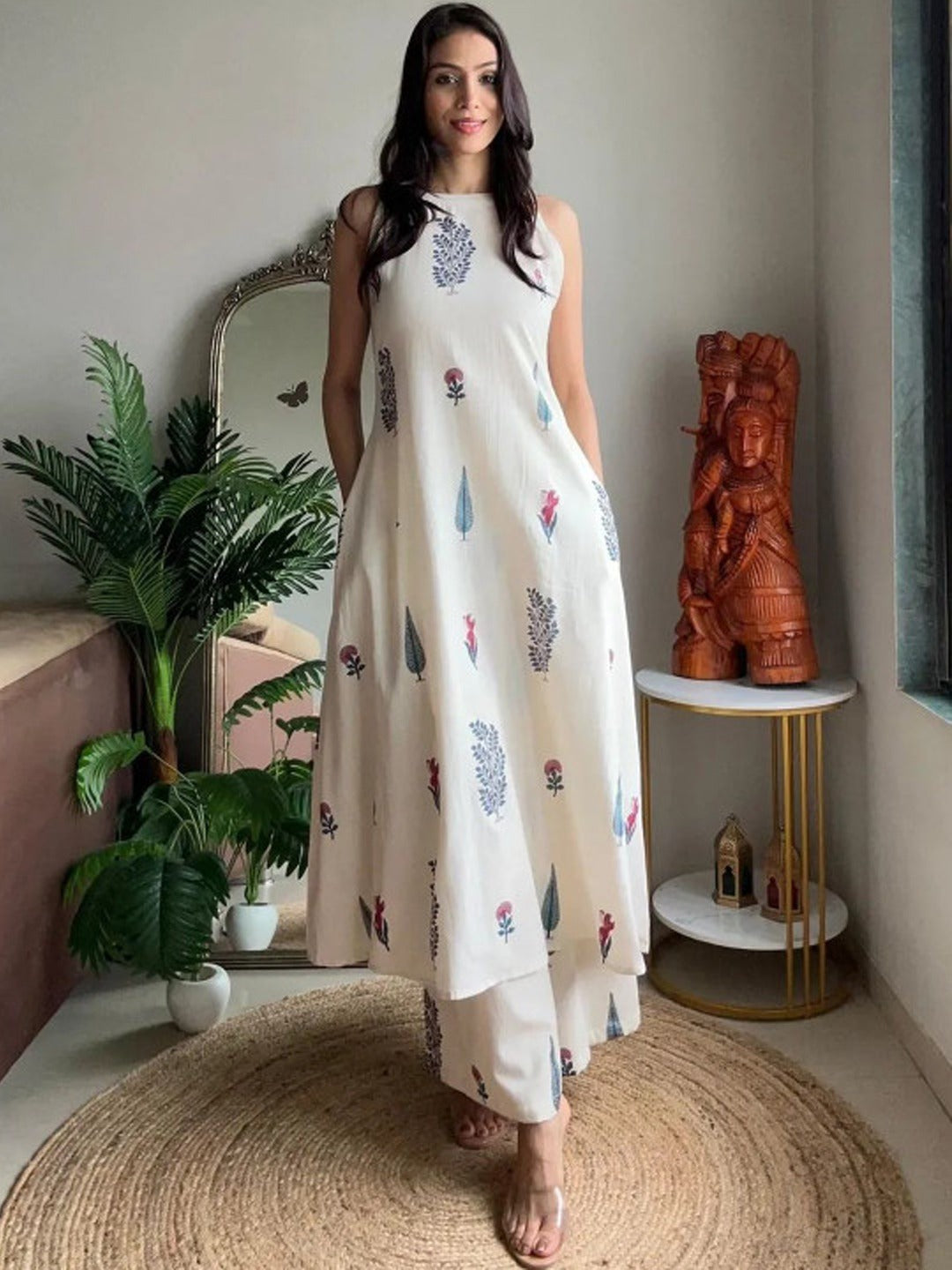 White Pure Soft Rayon Printed Kurti Pant Dupatta Set