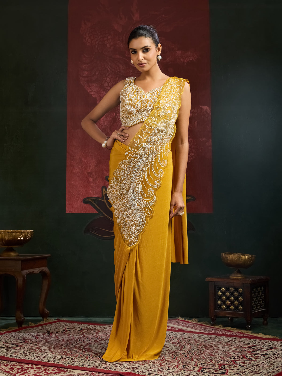 Yellow Pure Imported Lycra Silk Ready to Wear Saree