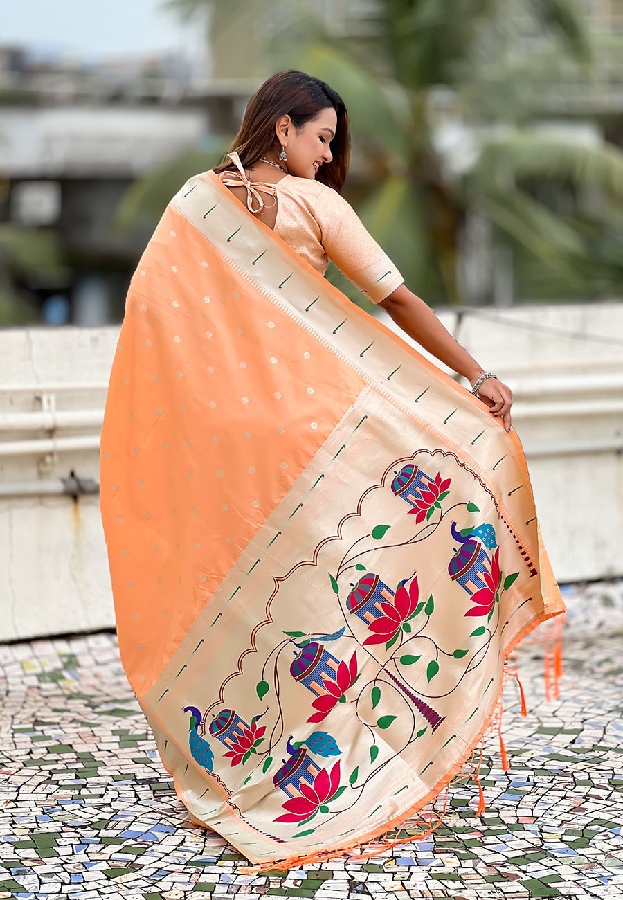 Peach Pastel Zari Woven Peacock Lotus Paithani Silk Saree Paithani Saree Anant Tex Exports Pvt.Ltd..