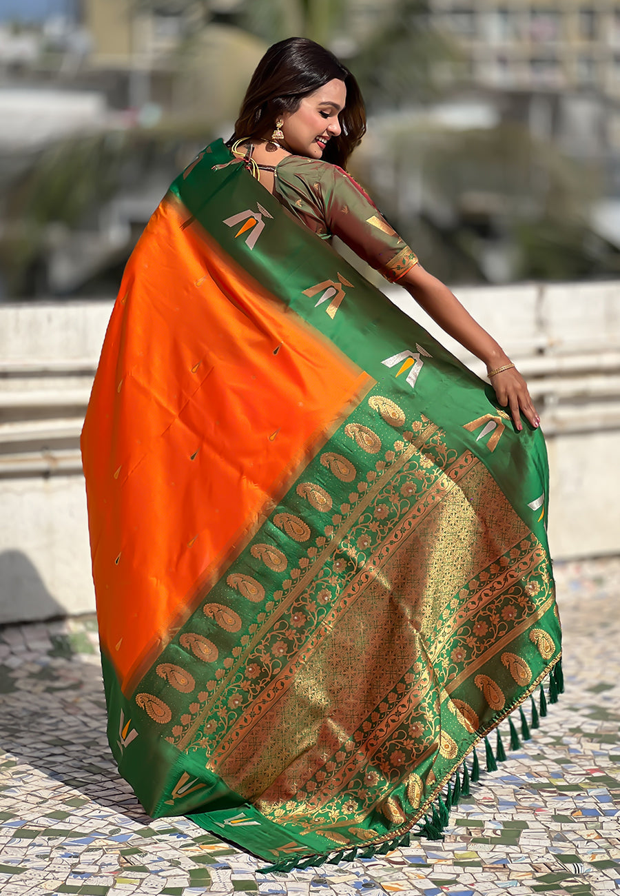 Orange South Traditional Tilak Contrast Soft Silk Zari Woven Saree Soft Silk Saree Anant Tex Exports Pvt.Ltd..