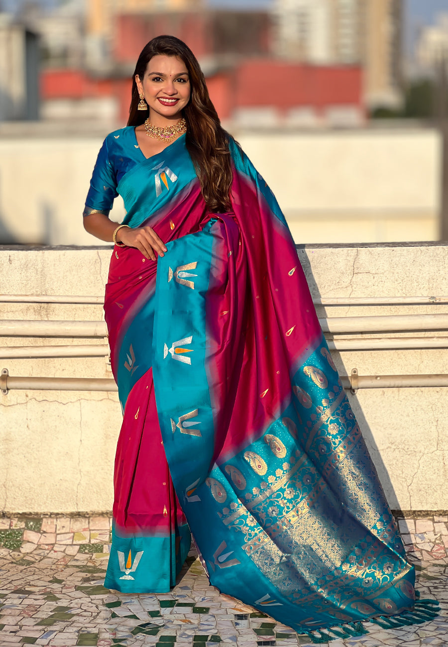 Dark Pink South Traditional Tilak Contrast Soft Silk Zari Woven Saree Soft Silk Saree Anant Tex Exports Pvt.Ltd..