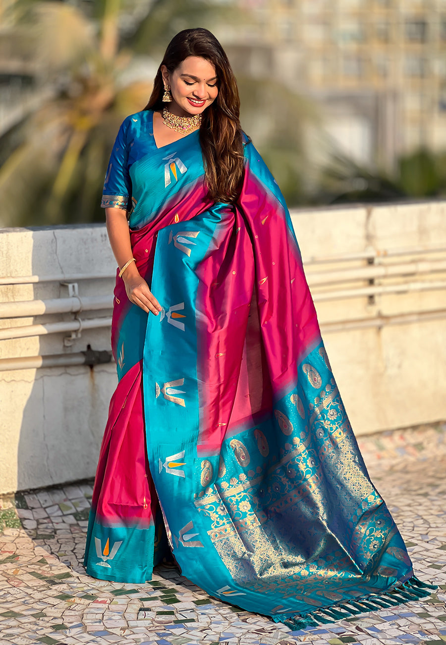 Dark Pink South Traditional Tilak Contrast Soft Silk Zari Woven Saree Soft Silk Saree Anant Tex Exports Pvt.Ltd..