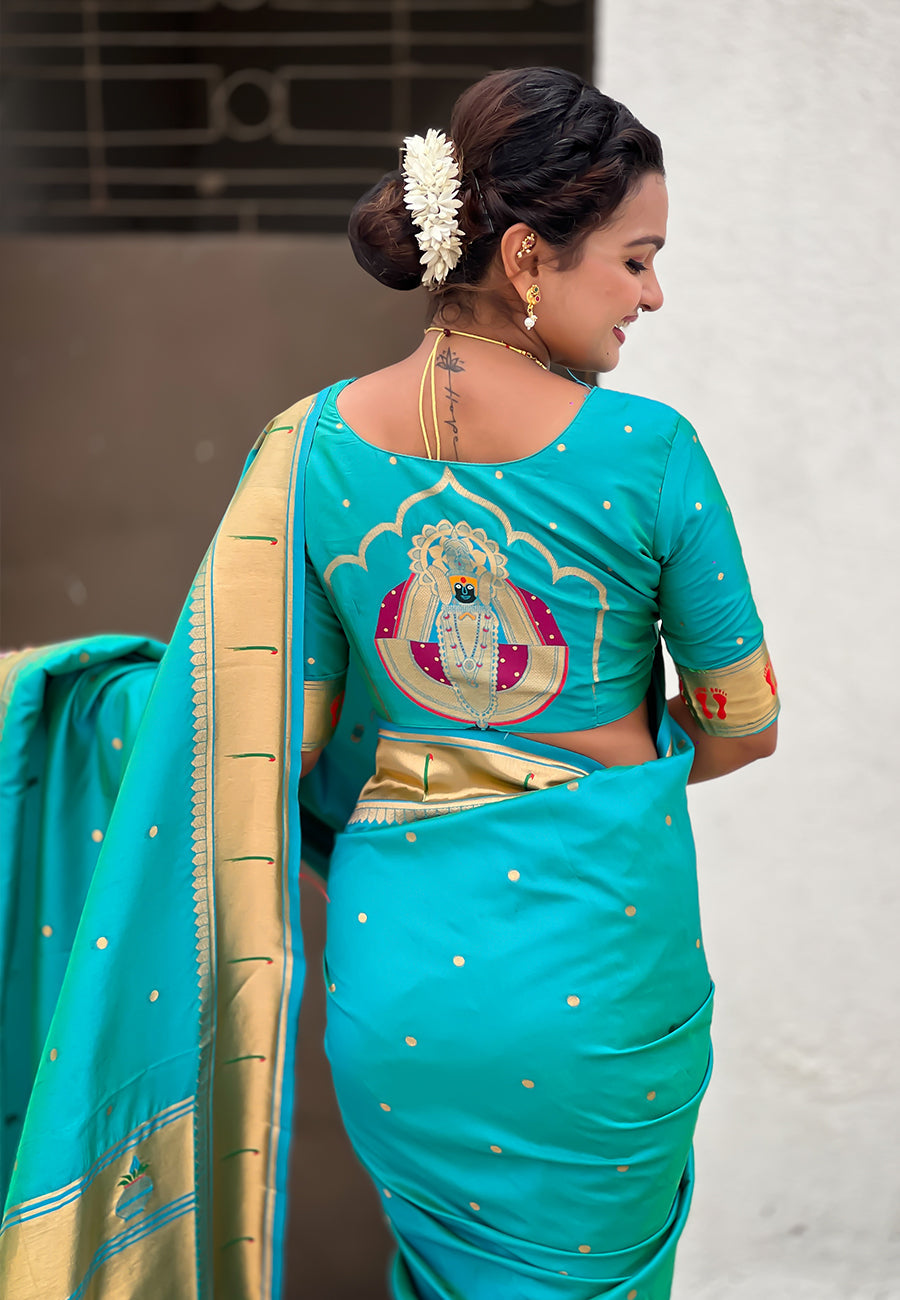 Aqua Blue Zari Woven Mahalaxmi God Paithani Silk Saree Paithani Saree Anant Tex Exports Pvt.Ltd..