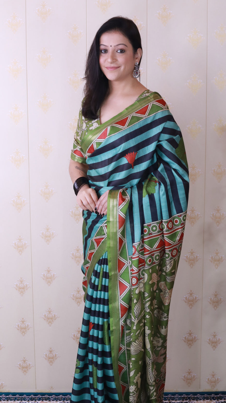 Aqua Blue Soft Tussar Silk Striped Traditional Printed Zari Tussar Saree Tussar Saree Anant Tex Exports Pvt.Ltd..