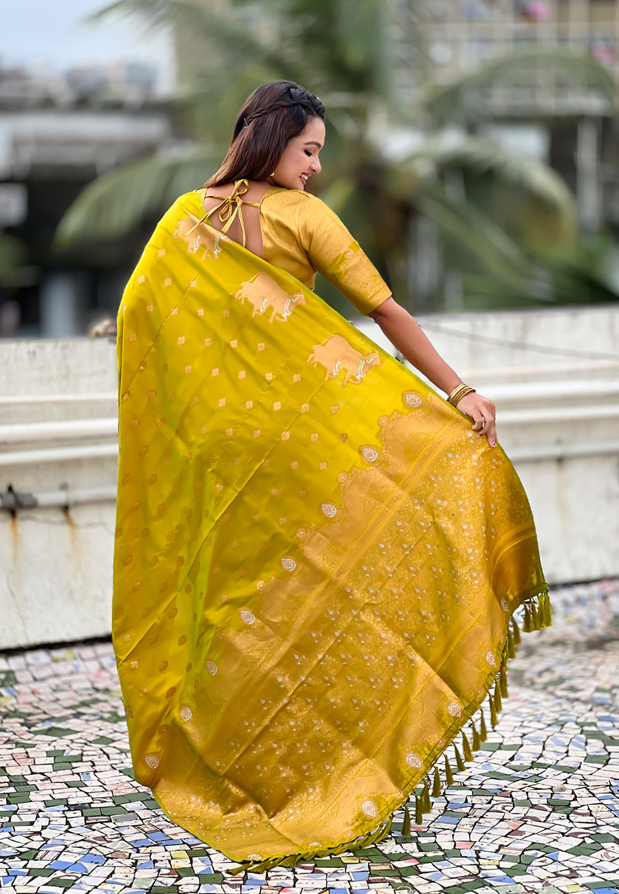 Mehendi Green Pure Soft Silk Dual Zari with Nandi Border Saree