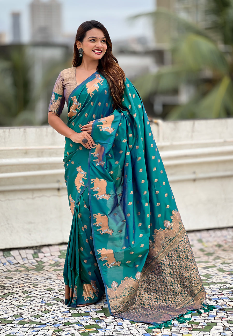Green Pure Soft Silk Dual Zari with Nandi Border Saree