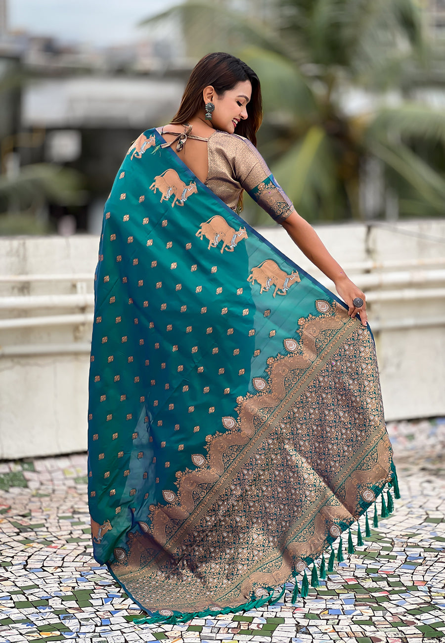 Green Pure Soft Silk Dual Zari with Nandi Border Saree