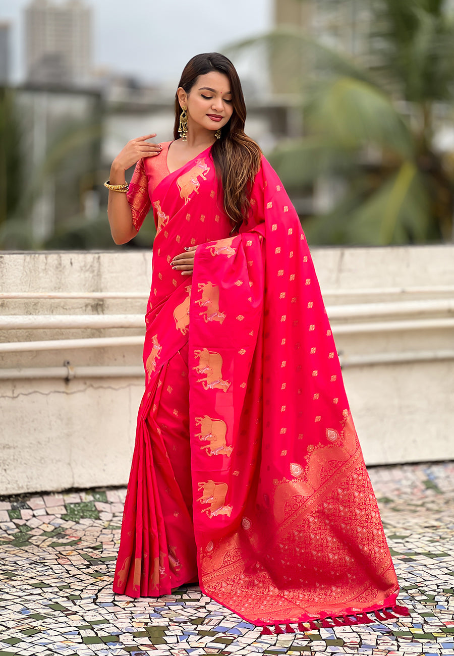 Pink Pure Soft Silk Dual Zari with Nandi Border Saree
