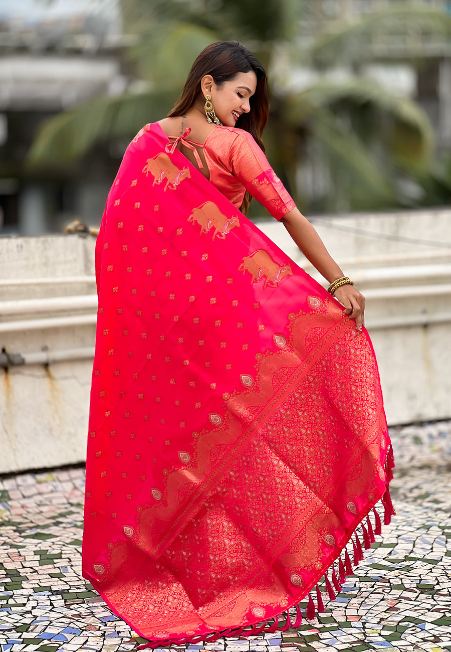Pink Pure Soft Silk Dual Zari with Nandi Border Saree