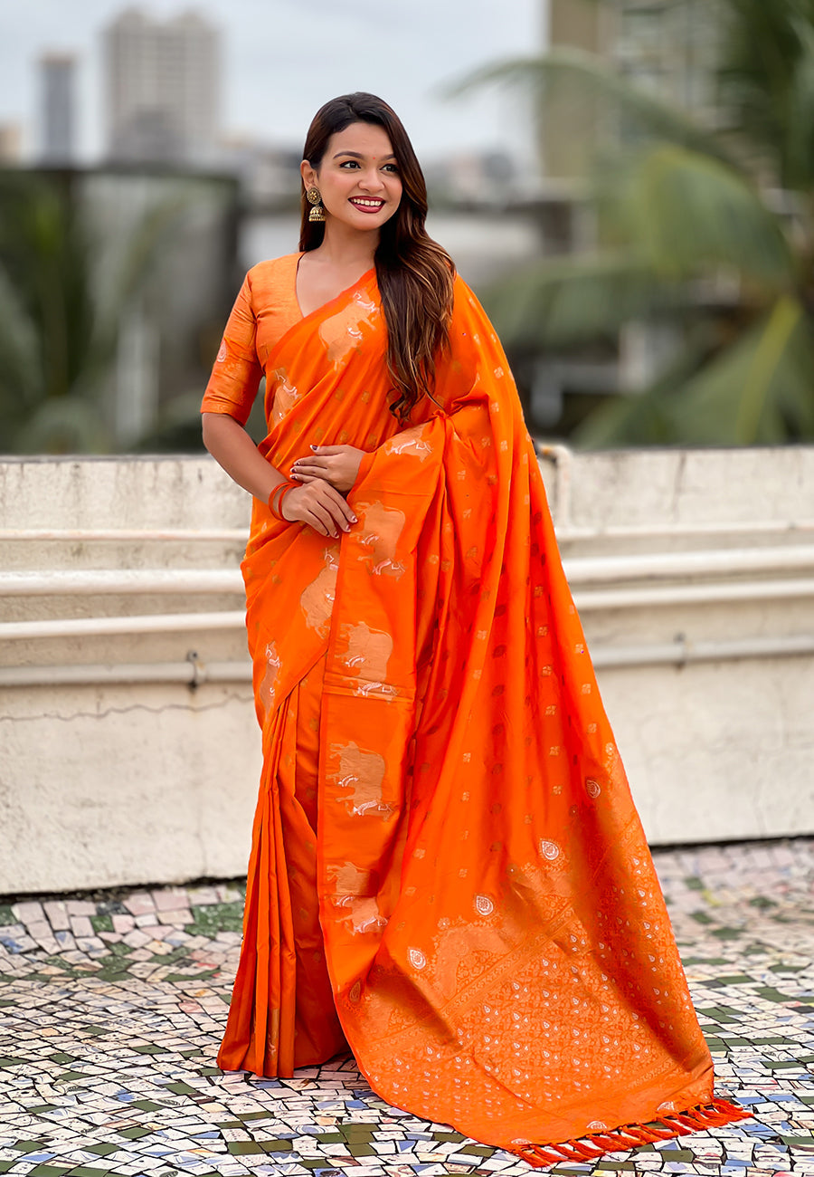 Orange Pure Soft Silk Dual Zari with Nandi Border Saree