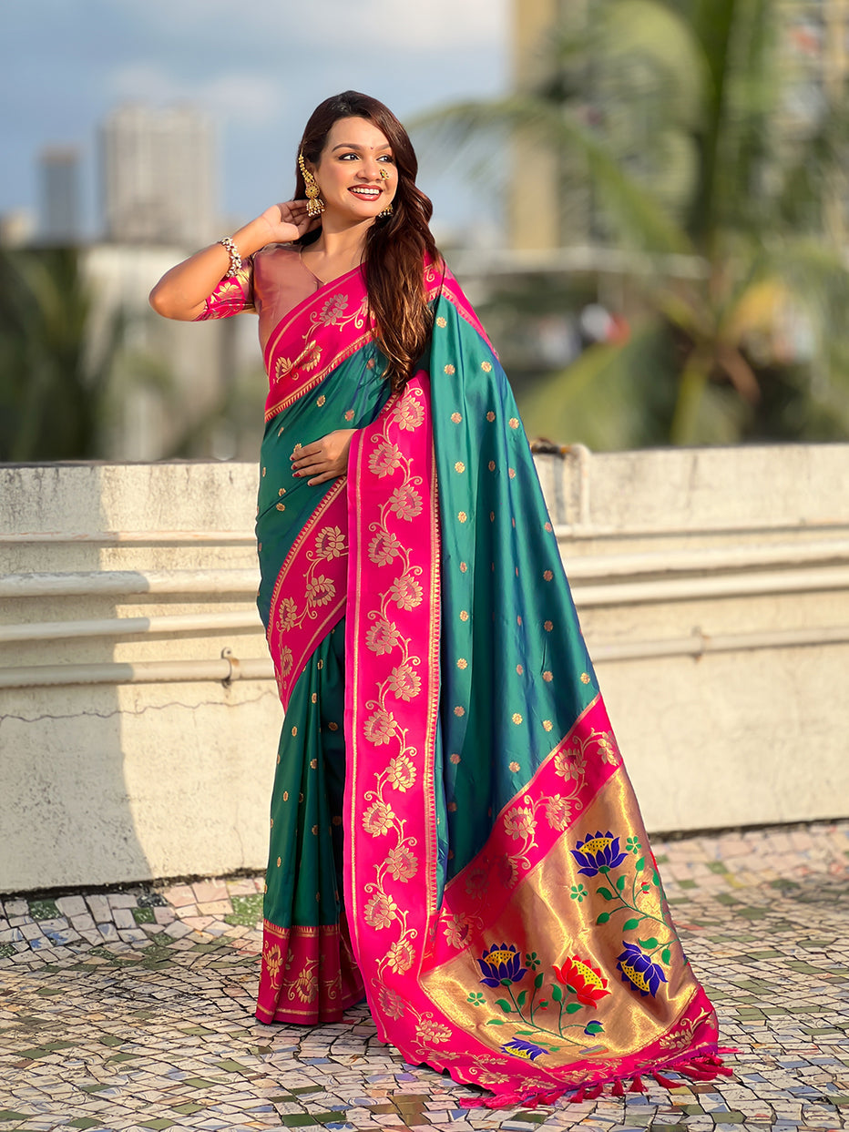 Green Soft Silk Lotus Paithani Saree Paithani Saree Anant Tex Exports Pvt.Ltd..