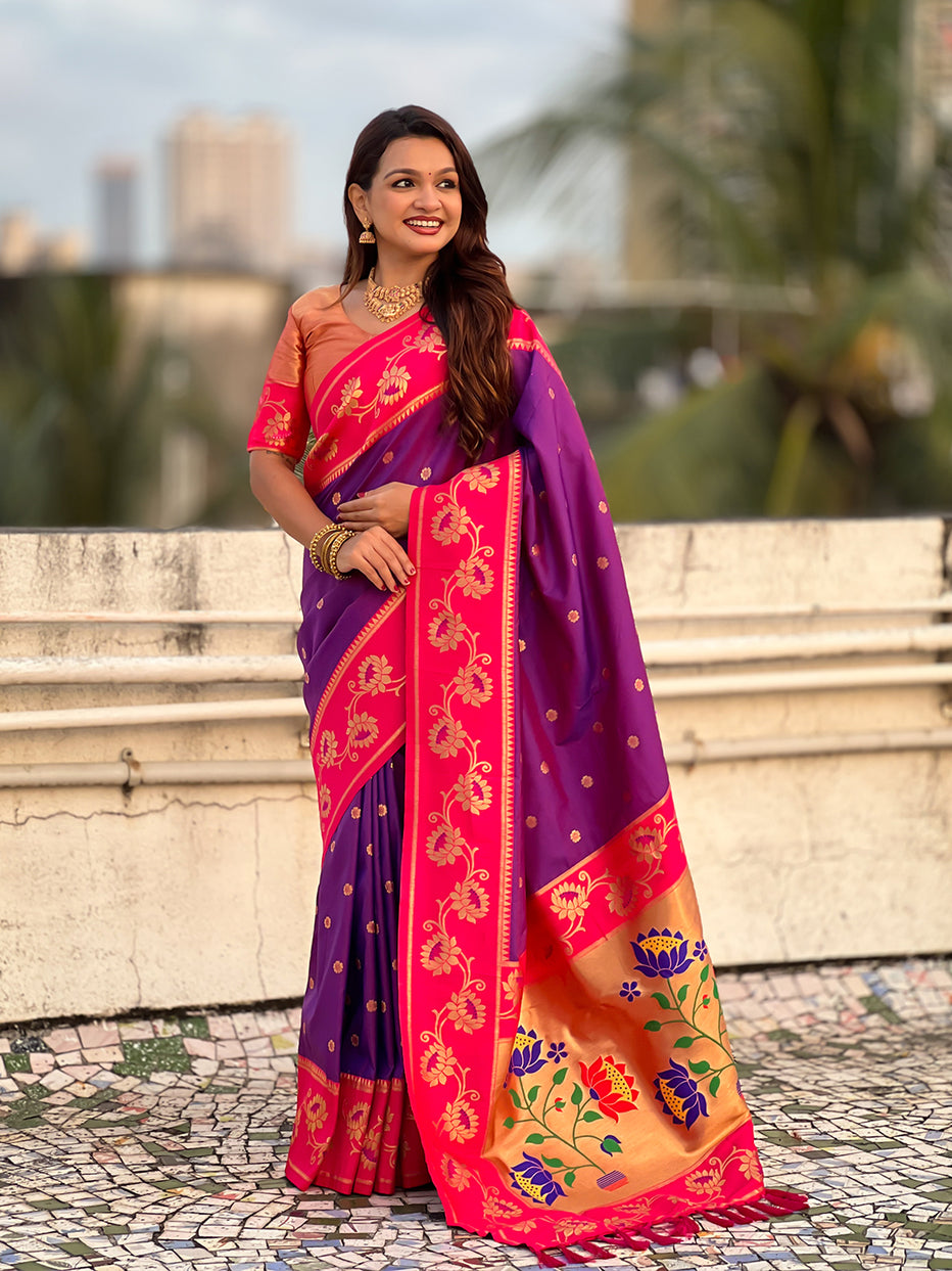 Purple with Pink Soft Silk Lotus Paithani Saree Paithani Saree Anant Tex Exports Pvt.Ltd..