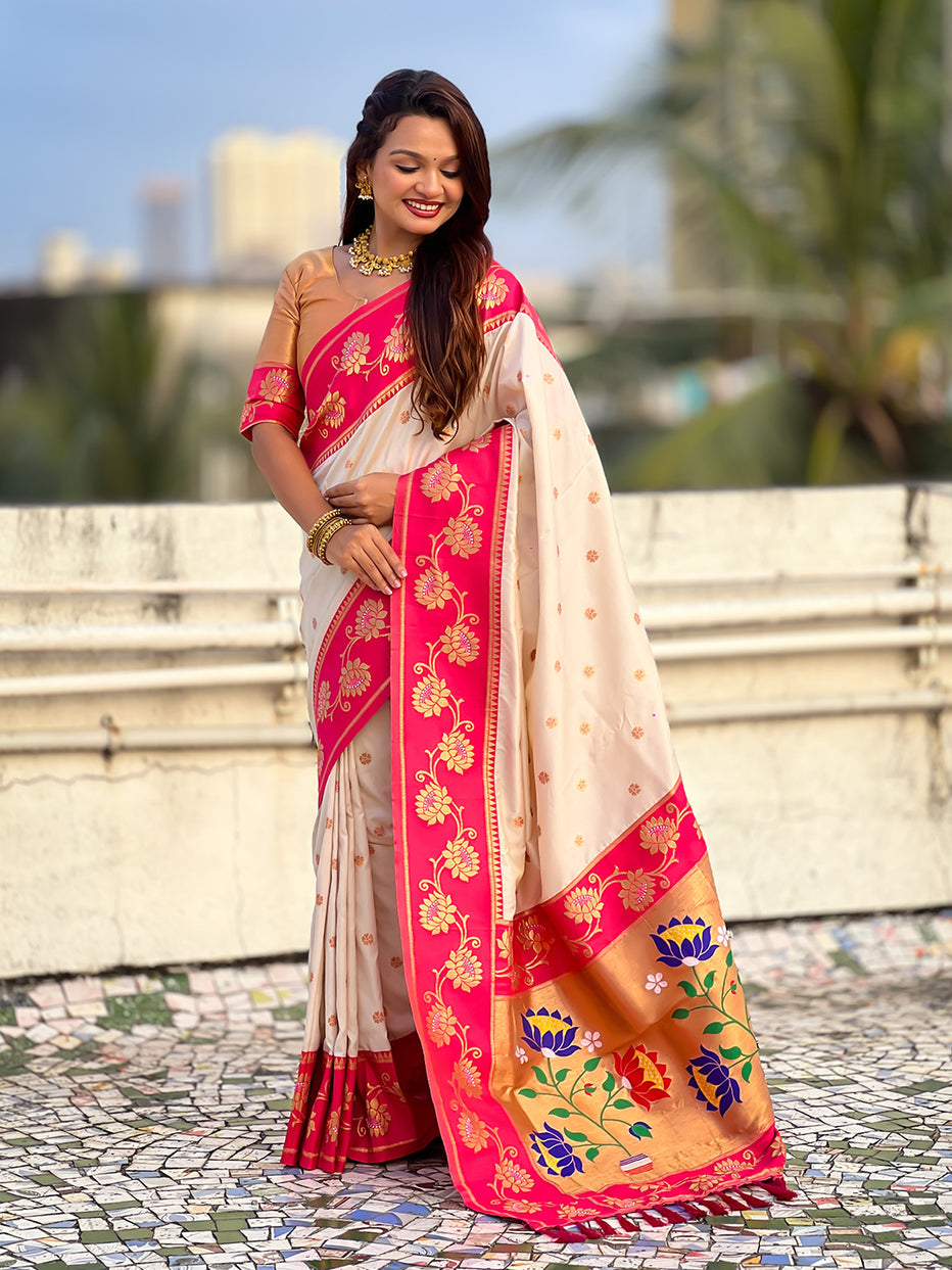 Cream Soft Silk Lotus Paithani Saree Paithani Saree Anant Tex Exports Pvt.Ltd..