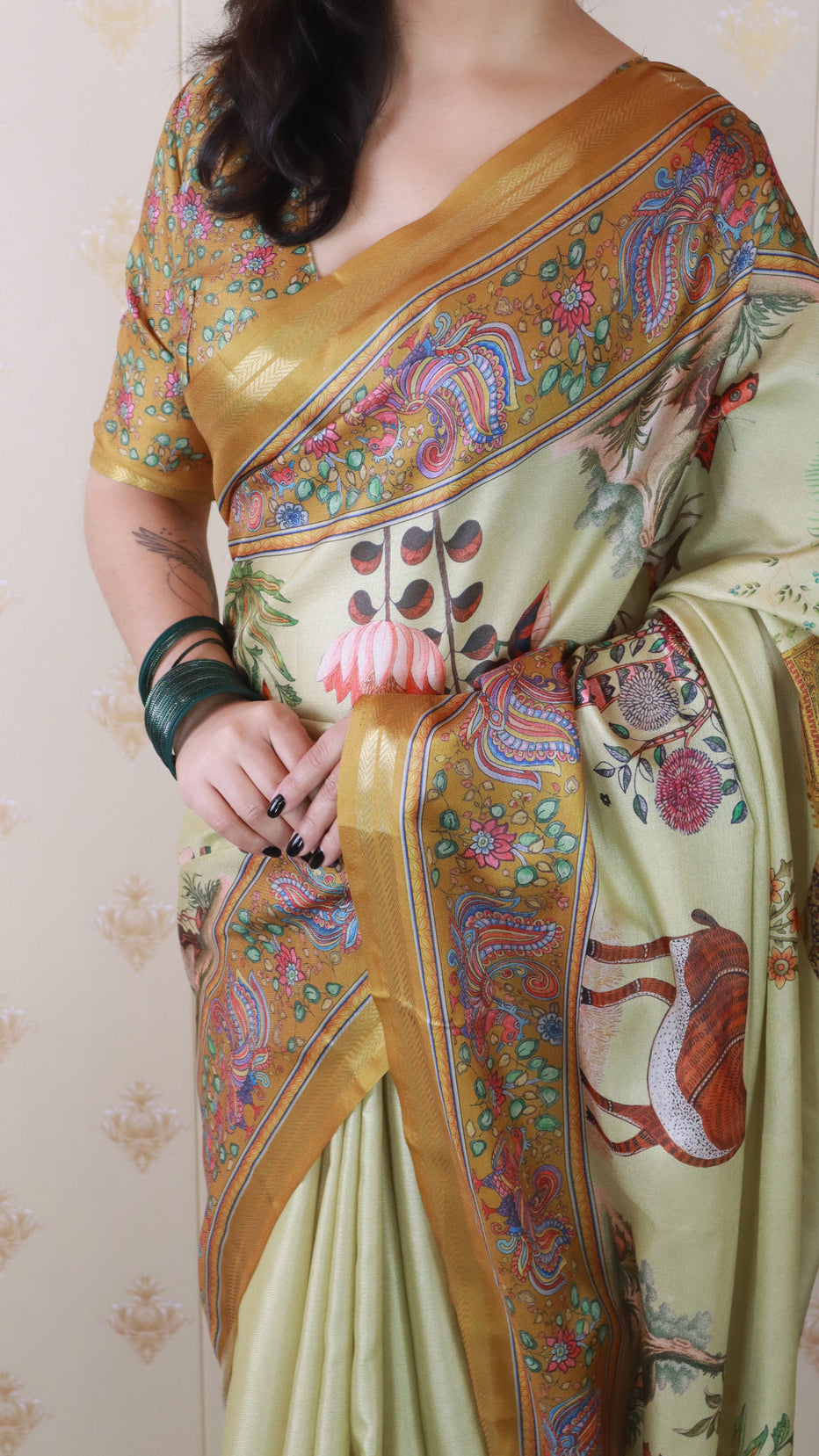 Yellow Soft Tussar Silk Pattachitra Traditional Printed Zari Tussar Saree Tussar Saree Anant Tex Exports Pvt.Ltd..