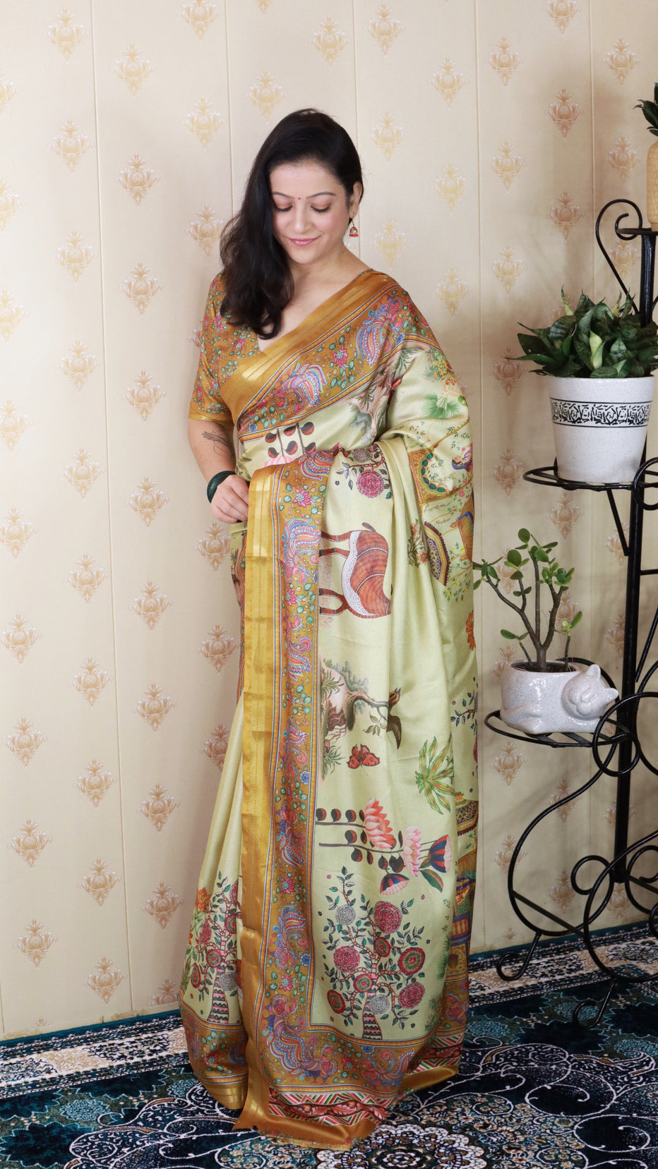 Yellow Soft Tussar Silk Pattachitra Traditional Printed Zari Tussar Saree Tussar Saree Anant Tex Exports Pvt.Ltd..
