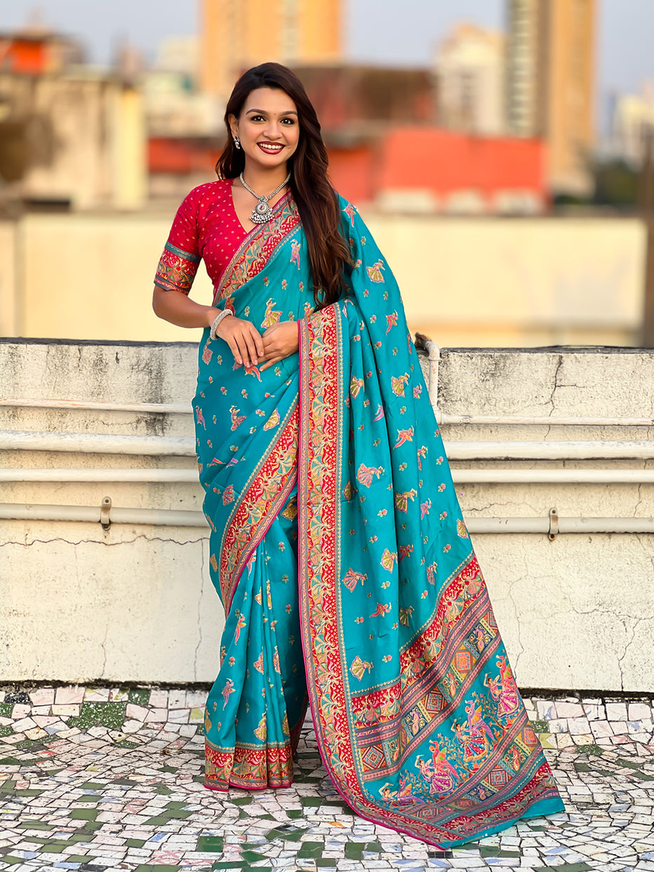 Rama Blue Pure Viscose Silk Position Printed Traditional Saree Soft Silk Saree Anant Tex Exports Pvt.Ltd..