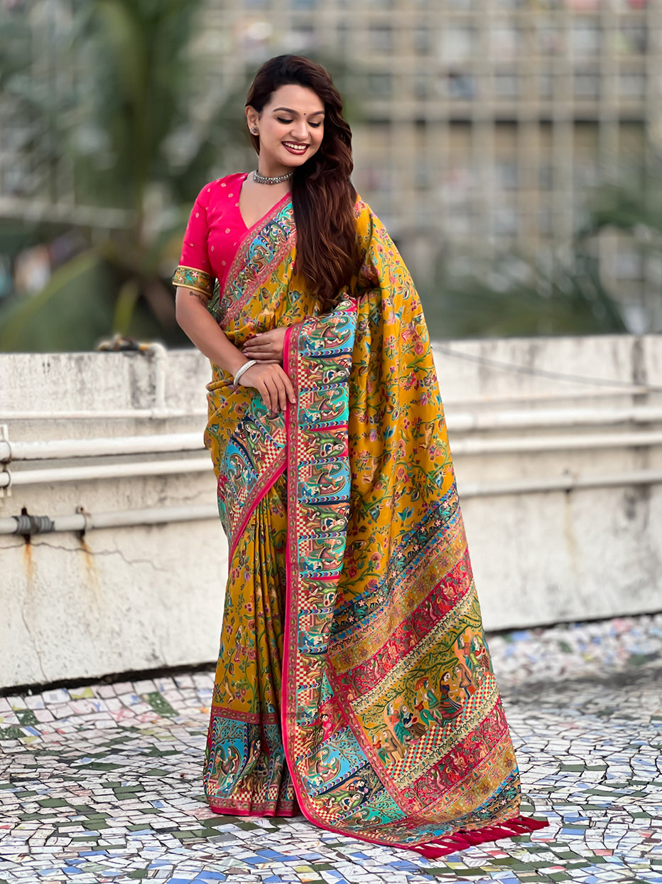 Yellow Pure Viscose Silk Position Printed Traditional Saree Soft Silk Saree Anant Tex Exports Pvt.Ltd..