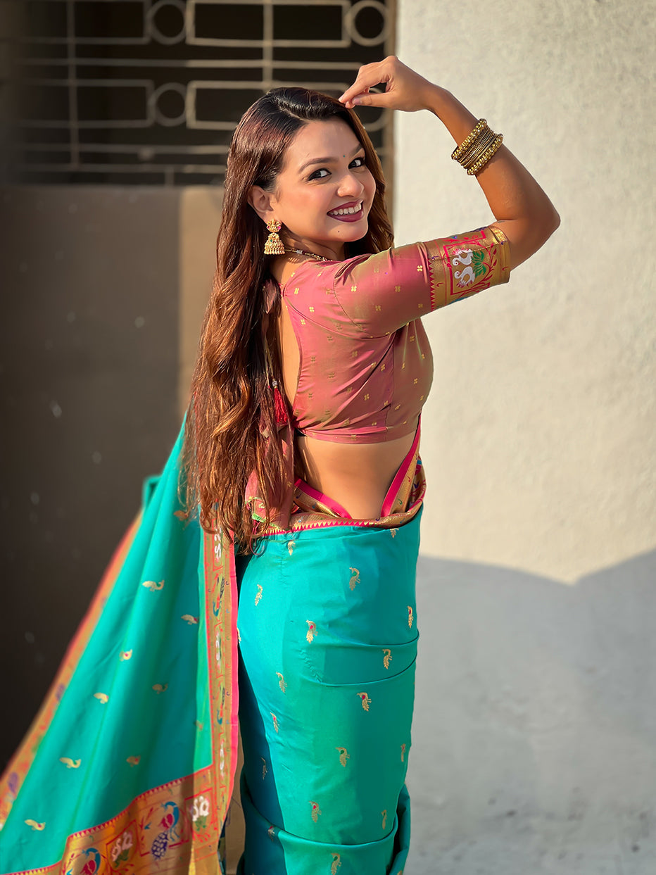 Aqua Blue Soft Silk Swan Rajhans Paithani Saree Paithani Saree Anant Tex Exports Pvt.Ltd..